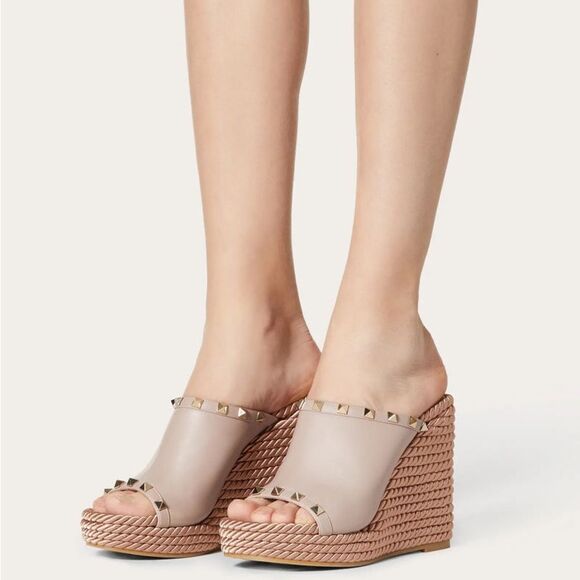 Valentino Shoes - Valentino Garavani Torchon Rockstud Wedge Espadrille Sandals Nude Leather EU 41